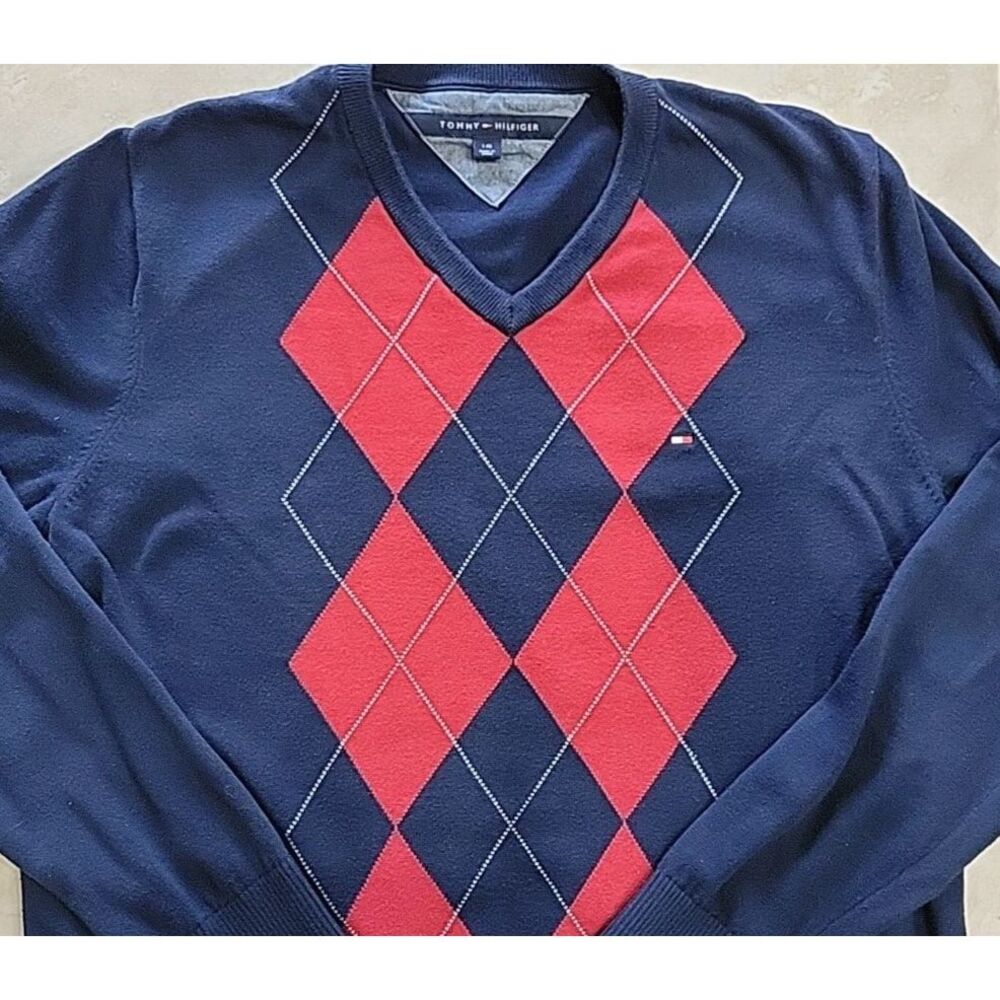 Tommy‎ Hilfiger mens V-neck jumper diamond sweater Size Large navy and red